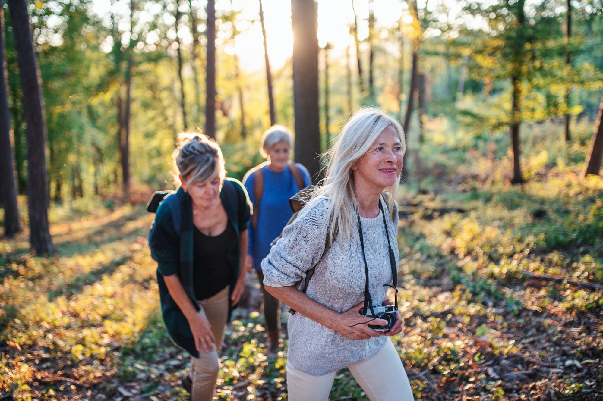 Senior women friends outdoors in forest, walking