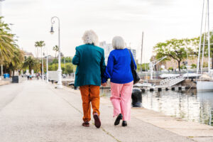 Senior couple walking outdoors
